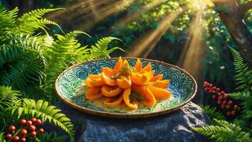 Serving Prepared Tropical Fruit on Decorative Plate Outdoors in Nature photo