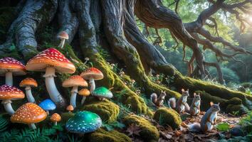 Mushrooms and Squirrels in Forest Scene with Mossy Tree Roots photo