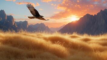 Hawk Flying Over Golden Meadow at Sunset with Mountain Backdrop photo