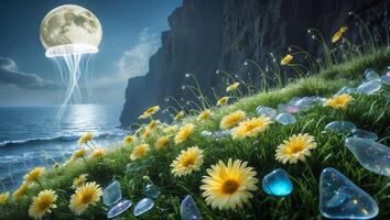 Coastal Meadow Blooms with Floating Moon and Sparkling Water Drops photo