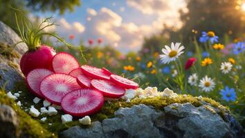 Radish Slices and Crumbled Cheese Resting on Mossy Rock in Meadow photo