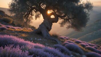 Ancient Tree and Lavender Field at Sunset Scenic Nature Landscape photo