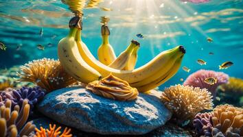 Bananas and Spread on Rock Underwater with Fish and Corals photo