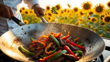 Chef Cooking Stir Fry with Vegetables in Wok Over Sunflower Field photo