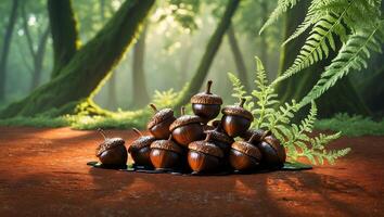 Pile of Acorns Resting on Forest Floor with Fern Fronds photo