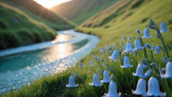 Bluebell Flowers Blooming by River on Green Hills at Sunset photo