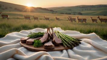 Outdoor Dining with Lamb Chops and Asparagus at Sunset photo