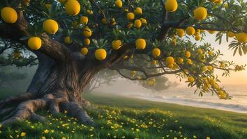 Tree with Round Yellow Fruits Near the Coastline at Sunset photo