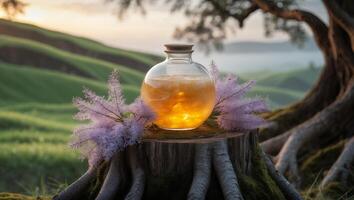 Glowing Liquid in Glass Jar on Tree Stump in Nature photo