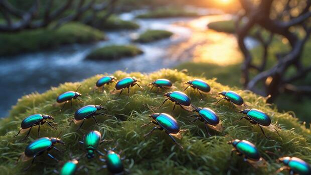 iridiscente escarabajos reunión en cubierto de musgo parche cerca corriente a puesta de sol foto