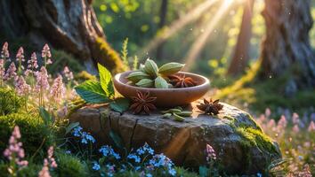 Aromatic Spices and Herbs on Stone in Forest Sunlight Setting photo