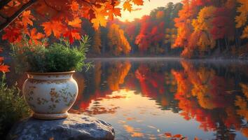 Autumn Foliage Reflected on Calm Lake with Potted Plant Detail photo