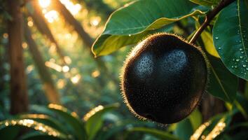 Tropical Fruit Hanging From Tree Branch in Lush Green Forest photo
