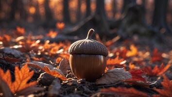 Acorn Standing Among Fallen Leaves in Autumn Forest Sunlight photo
