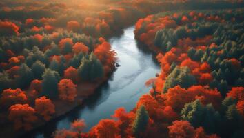Aerial View of River Flowing Through Forest with Autumn Foliage photo
