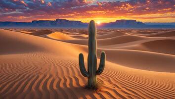 Cactus Standing Tall in Desert Landscape at Sunset with Vibrant Sky photo