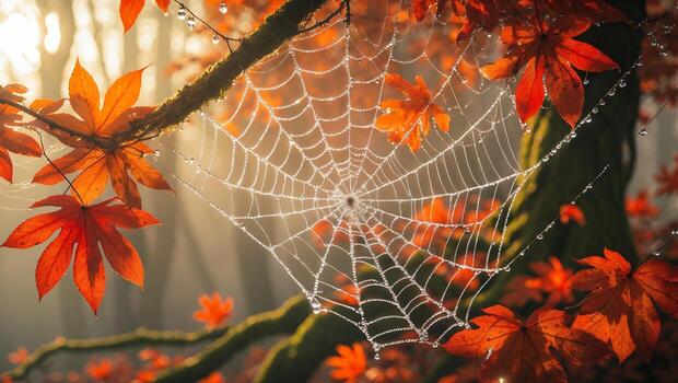 Spiderweb with Water Droplets and Autumn Leaves in Foggy Forest photo