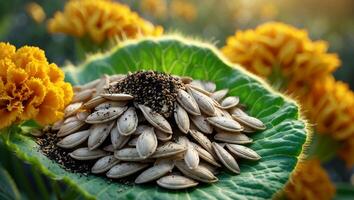 Pumpkin Seeds on Leaf with Flowers in Garden Fresh Harvest photo