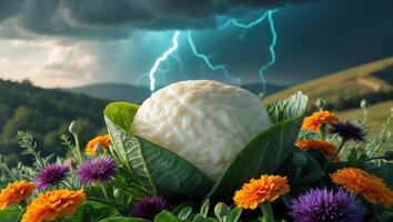 Cauliflower Growing in Field with Colorful Flowers During Thunderstorm photo