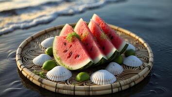 Refreshing Watermelon Slices with Seashells on Beach at Sunset photo