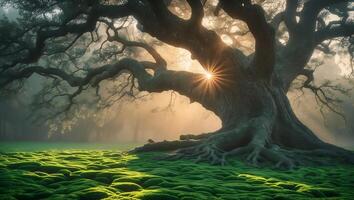 Majestic Tree with Sun Rays Shining Through Branches on Green Lawn photo