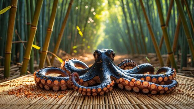 Octopus Resting on Bamboo Mat with a Bamboo Forest Backdrop photo