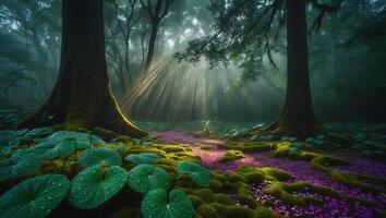 Sunlight Streaming Through Forest Trees with Mossy Ground and Greenery photo