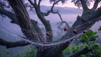 Ladybug Resting on Dew Covered Web in a Misty Forest photo