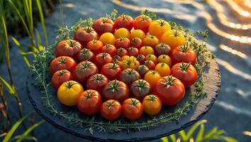 Arrangement of Fresh Tomatoes with Various Sizes and Colors on Plate photo