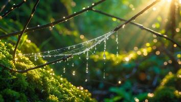 Spiderweb Covered in Dew Drops Shimmering in Morning Light photo
