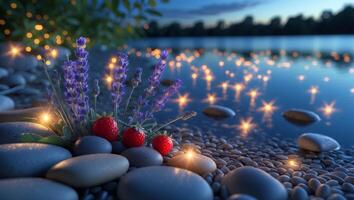 Lavender and Strawberries by Lake Shore with Glowing Lights at Dusk photo