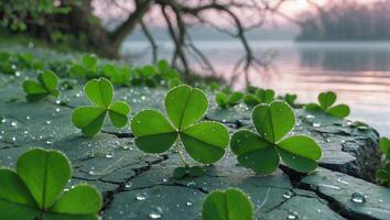 Green Clover Plants with Dewdrops Near Water During Peaceful Sunrise photo