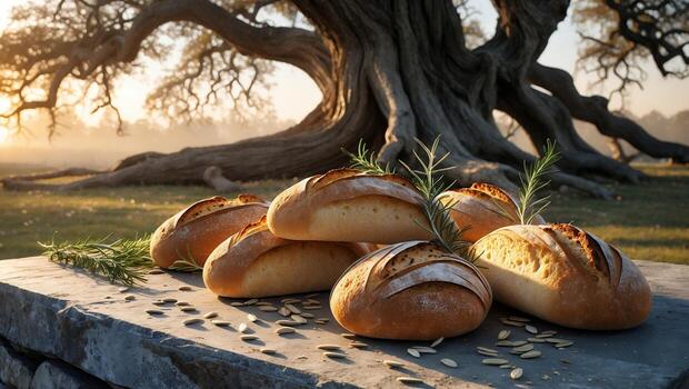 Fresh Baked Bread on Stone Slab with Scenic Tree Backdrop photo