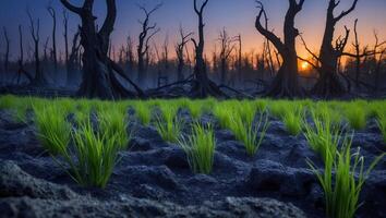 Emerging Grass in Burnt Landscape at Dusk Shows Nature's Resilience photo