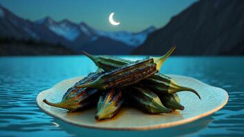 Grilled Okra Serving on Plate with Mountain Lake and Moonlight photo