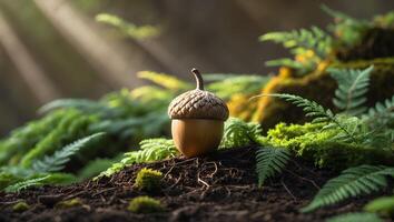 Acorn Resting on Forest Floor with Moss and Sunlight photo