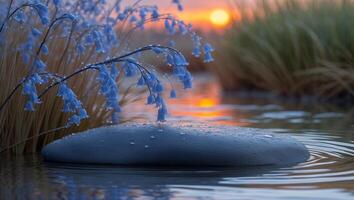 Zen Stone in Water with Bluebell Flowers Reflecting Sunset Glow photo