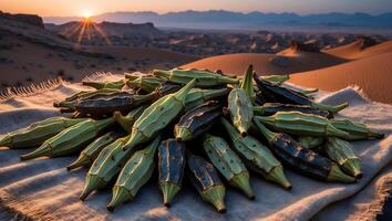 Okra Pile on Cloth with Desert and Sunset Background photo