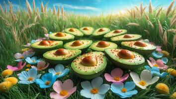 Halved Avocados Placed on Grass with Small Flowers in Field photo