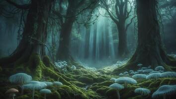 Exploring Mystical Forest Floor with Mushrooms and Light Streaming Through photo