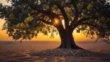 Tree Bearing Fruit Standing on Sandy Ground with Sunset Backdrop photo