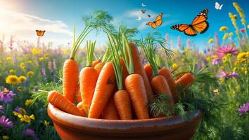 Fresh Carrots in Bowl with Meadow and Butterflies photo