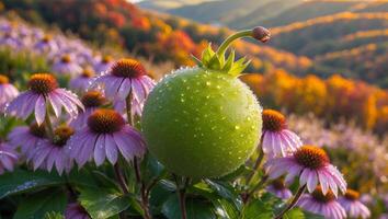 Green Fruit Among Coneflowers in a Colorful Autumn Landscape View photo