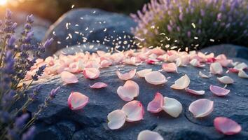 Scattering Rose Petals on Stone with Lavender in Soft Evening Light photo