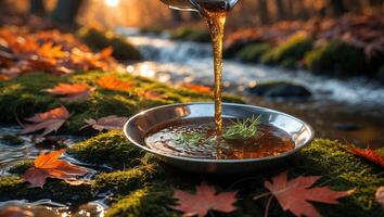 Pouring Liquid Into Dish with Autumn Leaves in Nature Setting photo