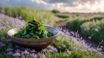 Fresh Salad Bowl in Flower Field Under Cloudy Sky at Sunset photo