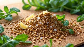 Pile of Sesame Seeds with Lemon and Mint Leaves Preparation photo