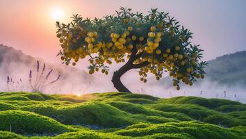 Tree with Yellow Fruit on Mossy Hills at Sunset in Fog photo