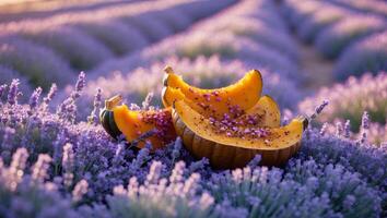 Pumpkin Slices Resting on Lavender Field During Golden Hour photo