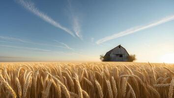 Golden Wheat Field with Distant Barn Under a Sunny Blue Sky photo